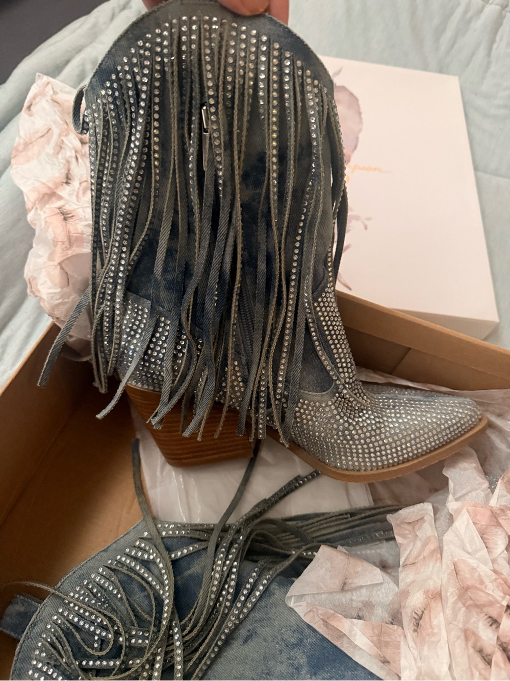 Women’s denim fringe boots - Silver Rhinestone Fringe Boots - Picture 9 of 10
